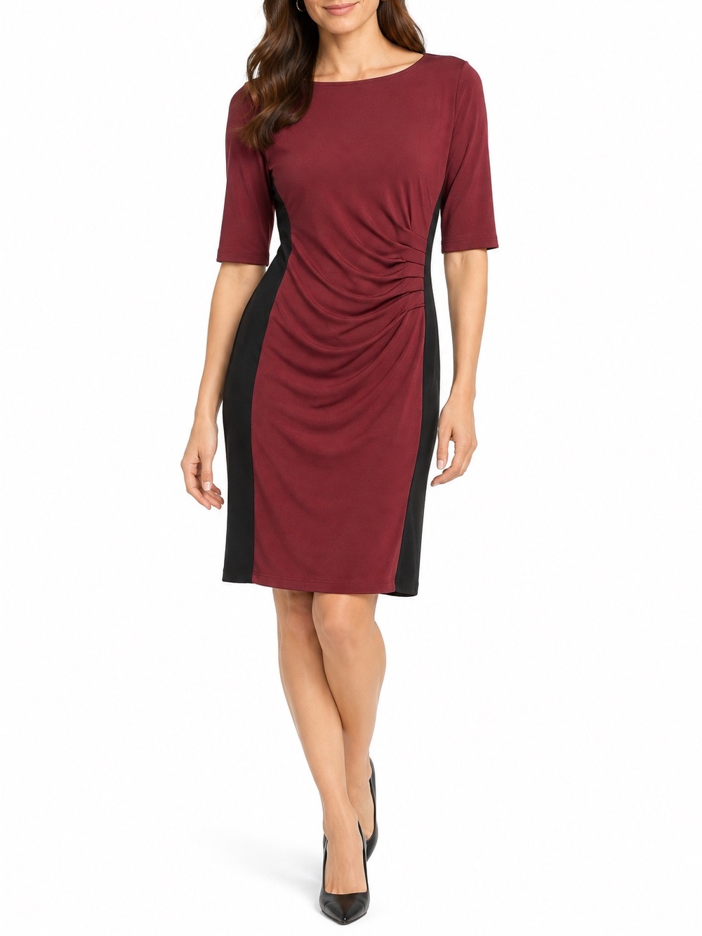 Larry Levine Burgundy Black Side-Panel Sheath Dress ruched drape L knee length